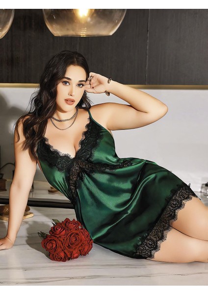 Büyük Beden Yeşil Dantel Işlemeli Ince Askılı Saten Fantezi Gecelik fiyatları