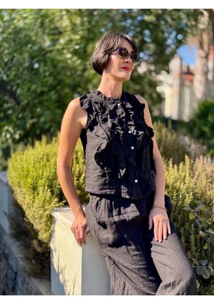 NC14092 Fırfırlı Kolsuz Italyan Keten Takım Siyah