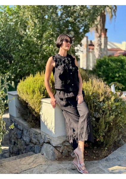 NC14092 Fırfırlı Kolsuz Italyan Keten Takım Siyah fiyatları