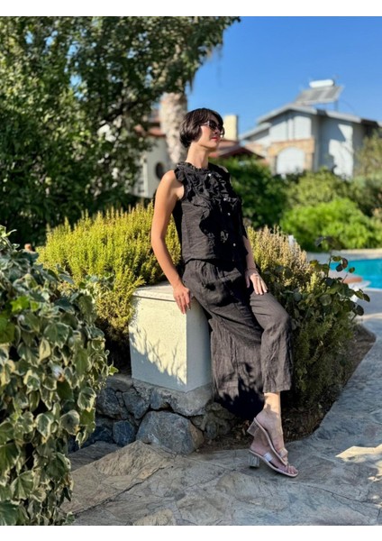 NC14092 Fırfırlı Kolsuz Italyan Keten Takım Siyah modelleri