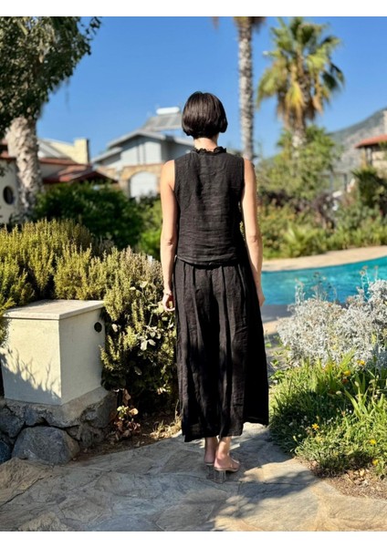 NC14092 Fırfırlı Kolsuz Italyan Keten Takım Siyah fırsatları