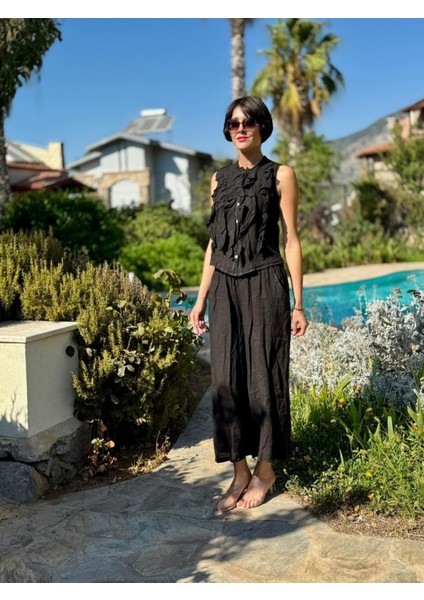 NC14092 Fırfırlı Kolsuz Italyan Keten Takım Siyah indirimleri