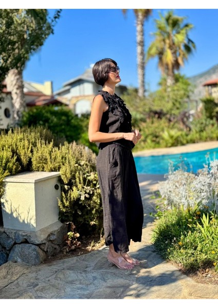 NC14092 Fırfırlı Kolsuz Italyan Keten Takım Siyah