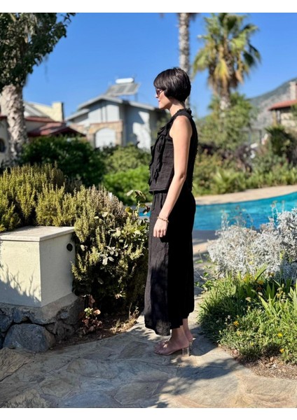 NC14092 Fırfırlı Kolsuz Italyan Keten Takım Siyah