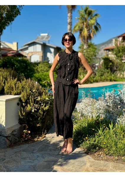 NC14092 Fırfırlı Kolsuz Italyan Keten Takım Siyah