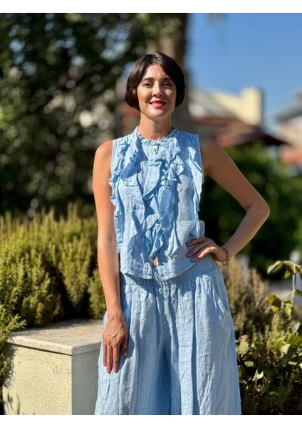 NC14092 Fırfırlı Kolsuz Italyan Keten Takım Bebe Mavi