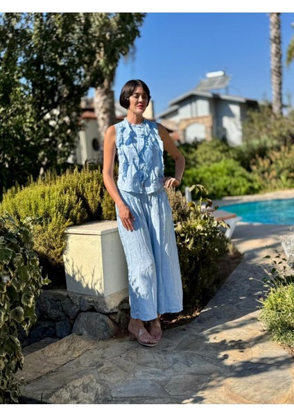 NC14092 Fırfırlı Kolsuz Italyan Keten Takım Bebe Mavi fırsatları