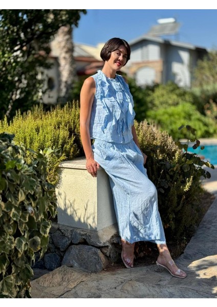 NC14092 Fırfırlı Kolsuz Italyan Keten Takım Bebe Mavi