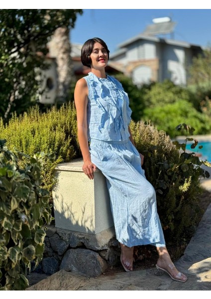 NC14092 Fırfırlı Kolsuz Italyan Keten Takım Bebe Mavi