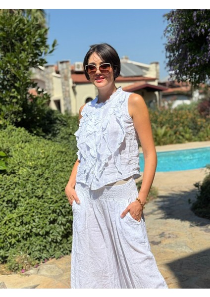 NC14092 Fırfırlı Kolsuz Italyan Keten Takım Beyaz