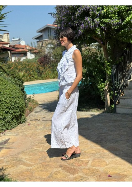 NC14092 Fırfırlı Kolsuz Italyan Keten Takım Beyaz modelleri