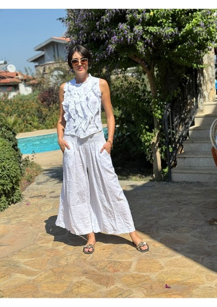 NC14092 Fırfırlı Kolsuz Italyan Keten Takım Beyaz fırsatları