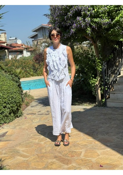 NC14092 Fırfırlı Kolsuz Italyan Keten Takım Beyaz indirimleri