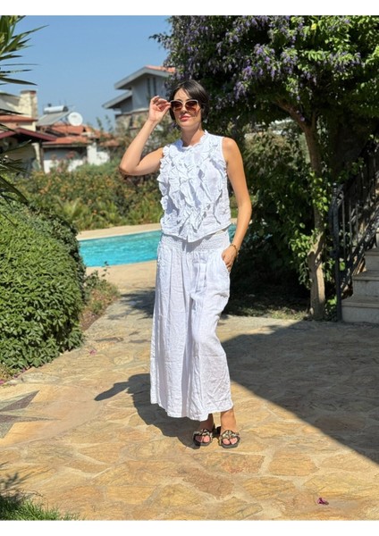 NC14092 Fırfırlı Kolsuz Italyan Keten Takım Beyaz