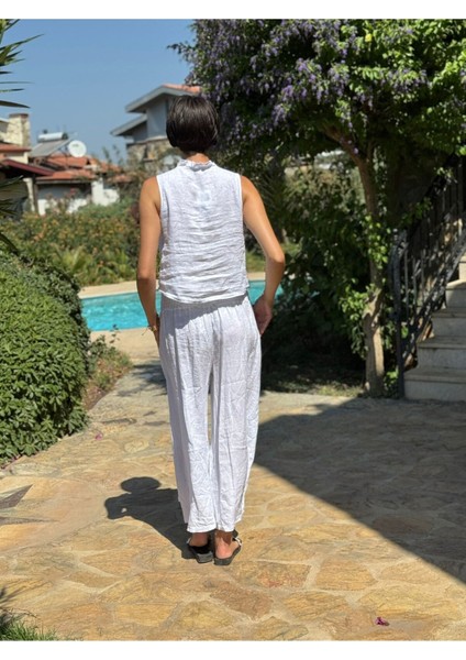 NC14092 Fırfırlı Kolsuz Italyan Keten Takım Beyaz