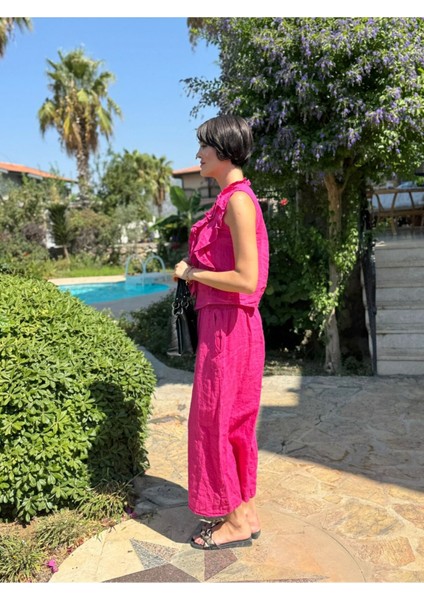 NC14092 Fırfırlı Kolsuz Italyan Keten Takım Pembe modelleri