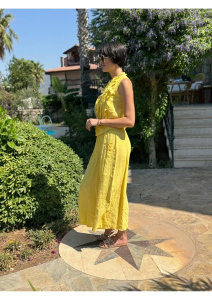 NC14092 Fırfırlı Kolsuz Italyan Keten Takım Sarı indirimleri