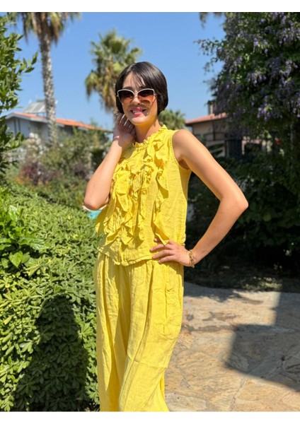 NC14092 Fırfırlı Kolsuz Italyan Keten Takım Sarı