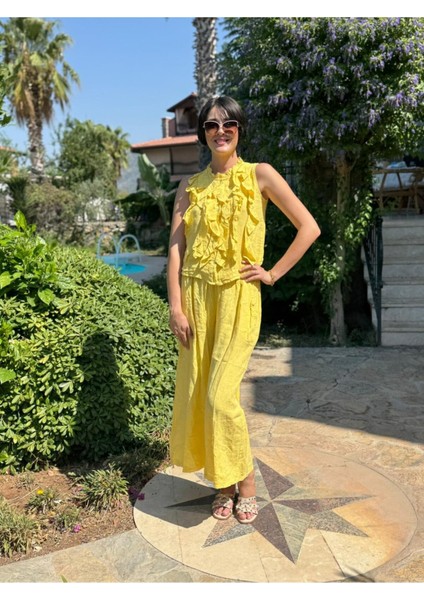 NC14092 Fırfırlı Kolsuz Italyan Keten Takım Sarı