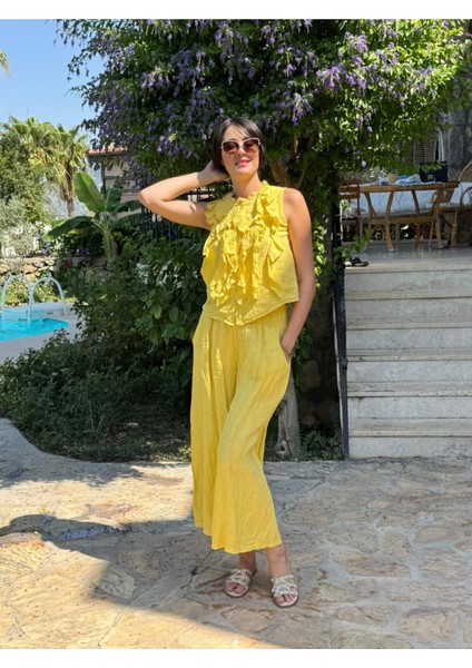 NC14092 Fırfırlı Kolsuz Italyan Keten Takım Sarı