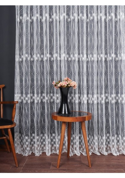 Şeritli Papatya Nakış Işlemeli Brode Tül Perde (1/2.5 Normal Pile) fırsatları