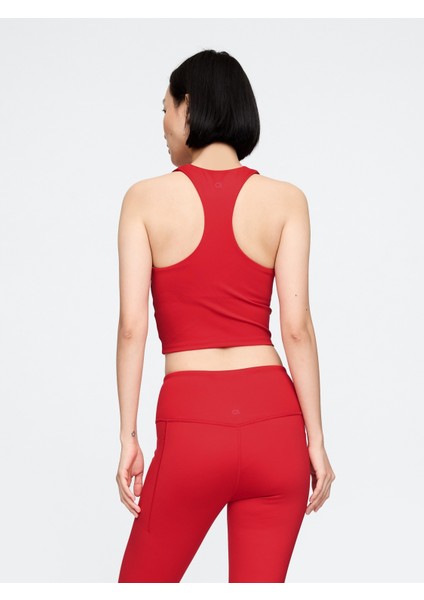 Kadın Kırmızı Halter Yaka Crop Spor Üst