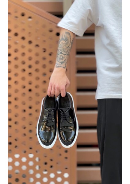 BA0003 Bağcıklı Klasik Siyah Rugan Yüksek Taban Casual Erkek Ayakkabı