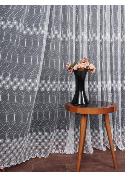 Şeritli Papatya Nakış Işlemeli Brode Tül Perde (1/2.5 Normal Pile)