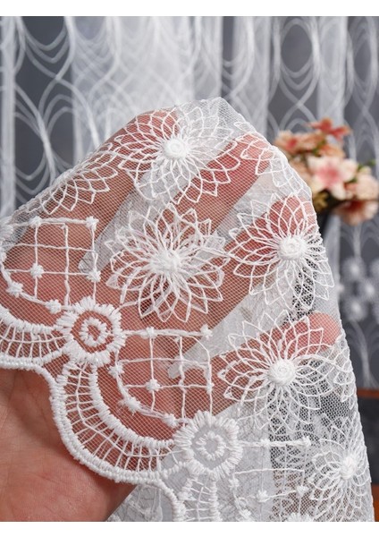 Şeritli Papatya Nakış Işlemeli Brode Tül Perde (1/2.5 Normal Pile)