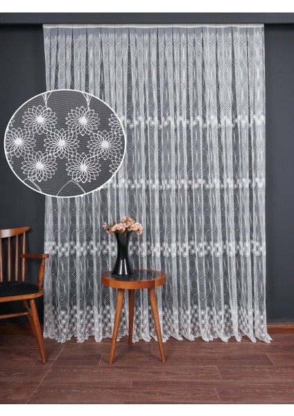 Şeritli Papatya Nakış Işlemeli Brode Tül Perde (1/3 Sık Pile)