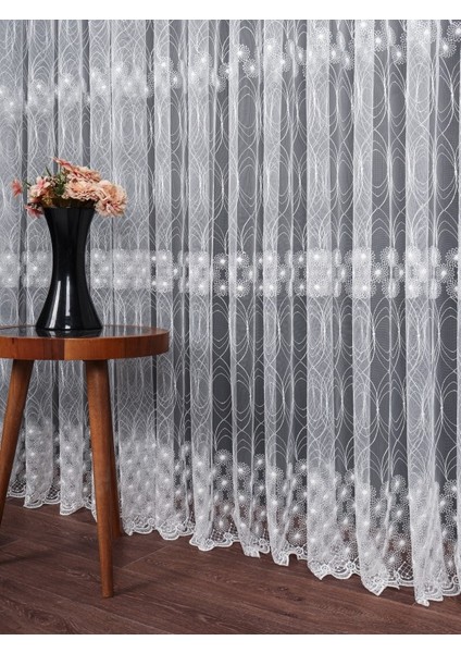 Şeritli Papatya Nakış Işlemeli Brode Tül Perde (1/3 Sık Pile)