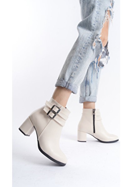 Kadın Bej Suni Deri Çift Tokalı Kısa Bot Düz Topuklu Rahat Tasarım 2024 Sonbahar-Kış