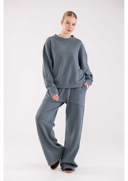 Kadın Soft Gri-Mavi Bisiklet Yaka Sweatshirt Eşofman Takımı MSC2601