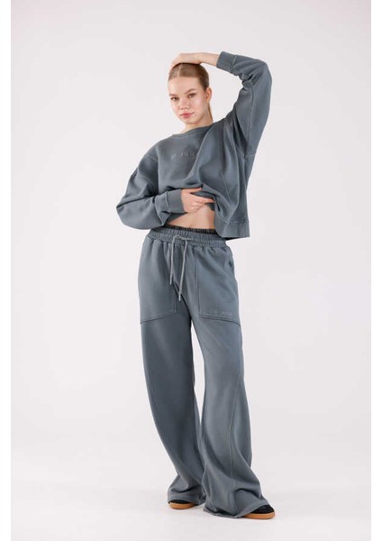 Kadın Soft Gri-Mavi Bisiklet Yaka Sweatshirt Eşofman Takımı MSC2601 fiyatları