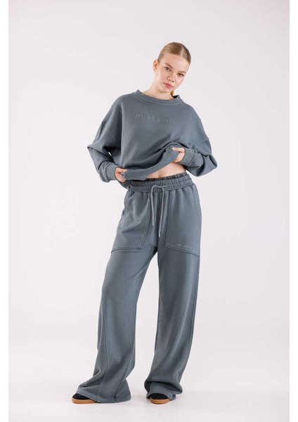 Kadın Soft Gri-Mavi Bisiklet Yaka Sweatshirt Eşofman Takımı MSC2601 modelleri