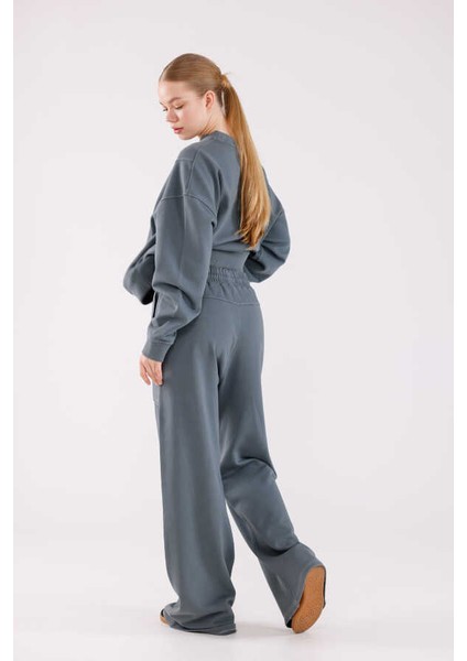 Kadın Soft Gri-Mavi Bisiklet Yaka Sweatshirt Eşofman Takımı MSC2601 fırsatları