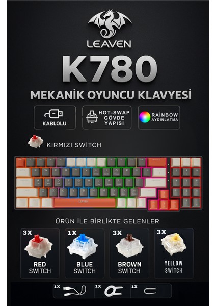 K780 Kablolu Mekanik Rgb Işıklı Klavye 78 Tuşlu Kompak ve Şık Tasarım Ingilizce Q Klavye Ev ve Ofis Klavyesi