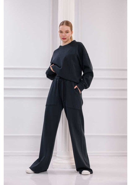 Kadın Siyah Bisiklet Yaka Sweatshirt Eşofman Takımı MSC2601