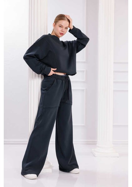 Kadın Siyah Bisiklet Yaka Sweatshirt Eşofman Takımı MSC2601 modelleri