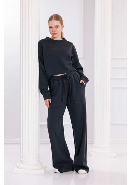 Kadın Siyah Bisiklet Yaka Sweatshirt Eşofman Takımı MSC2601 fırsatları