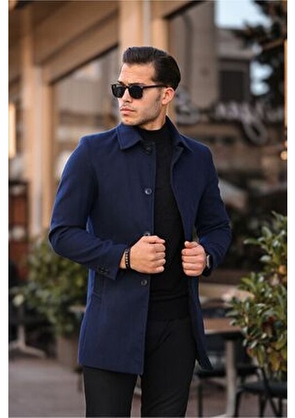 Uzun Kaşe Kaban Erkekler İçin Dar Kesim Biker Yaka Kışlık 100% Polyester