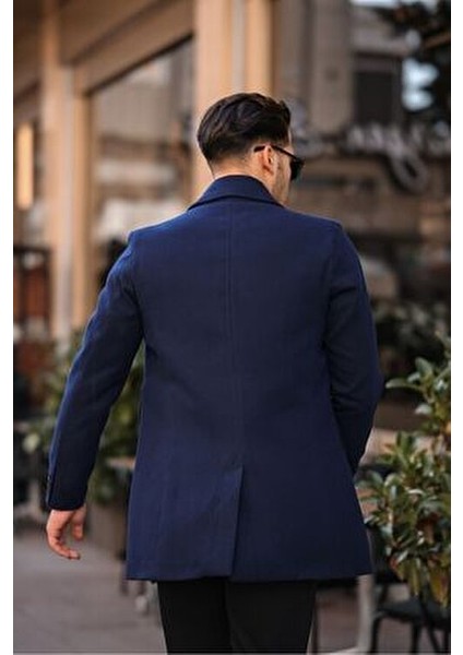 Uzun Kaşe Kaban Erkekler İçin Dar Kesim Biker Yaka Kışlık 100% Polyester