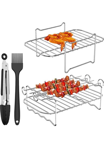2 Adet Hava Fritöz Rafı Çift Hava Fritöz Için Uyumlu Barbekü Çubukları ile Yağ Fırça Klipsi Yapışmaz Hava Fritöz Rafı (Yurt Dışından)