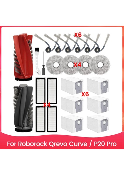 Roborock Qrevo Curve / P20 Pro Vakum Süpürge Ana Yan Fırçalar Hepa Filtreler Mop Bez Toz Torbaları Yedek Parçalar (Yurt Dışından)