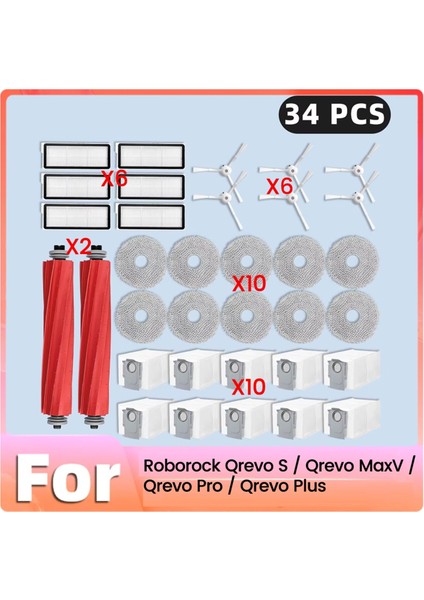 34PCS Ana Yan Fırça Filtreleri Roborock Qrevo Pro/qrevo Maxv/qrevo S/qrevo Için Paspas Toz Torbaları Artı Elektrikli Süpürge Parçaları B (Yurt Dışından)