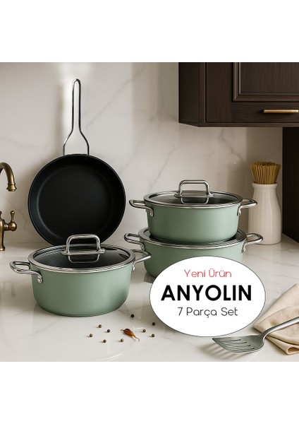 Anyolin 7 Parça Titanyum Kaplama Tencere Tava Seti (Yeşil)