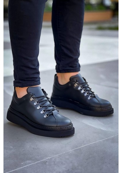 Kb-X4 Kuback Siyah Cilt Siyah Yüksek Taban Bağcıklı Günlük Erkek Ayakkabı