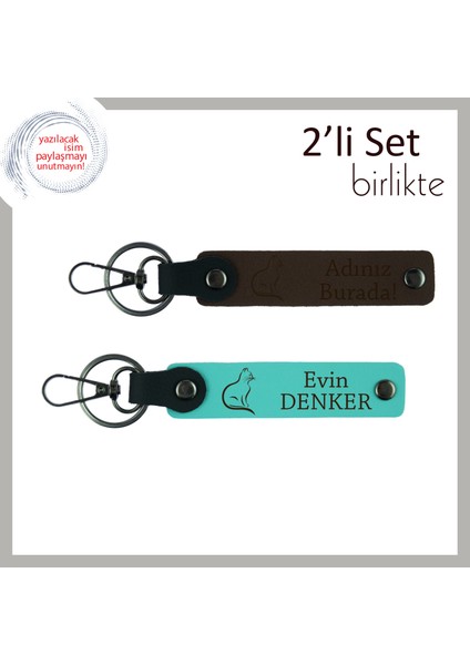 Kedili Hediyelerin En Zarifi, Patili Temalı, Kişisel 2’li Anahtarlık, Koyu Kahve-Turkuaz