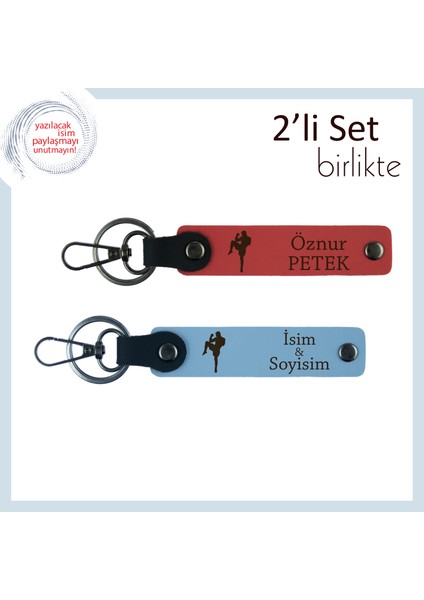 Boks Temalı Cesaret Vurgulu Tasarım, Erkek Arkadaşa Kişisel Deri Anahtarlık Seti, Nar Çiçek-Gök Mavi