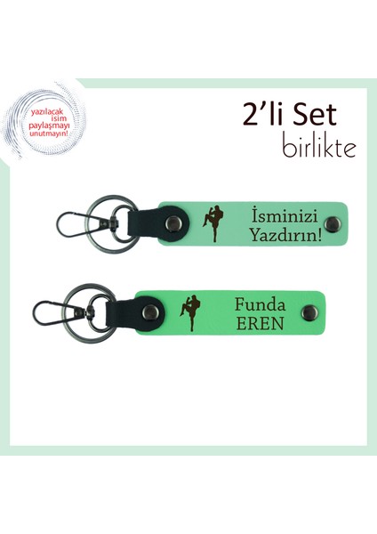 Erkek Sevgiliye Boks Temalı Armağan, Yazı Eklenebilir Deri Anahtarlık Seti, Açık Yeşil-Fıstık Yeşil